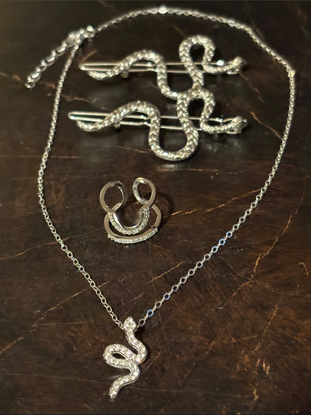 Snake Jewelry/Accessory Bundle - Necklace, Barrettes & Ring